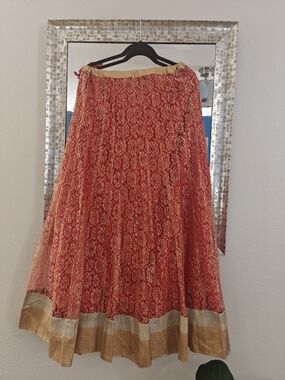 Women’s Red Lace Maxi Skirt with Gold Trim